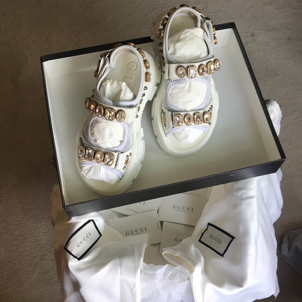 Gucci Nappa Panna Aguru Jeweled Chunky Sandal